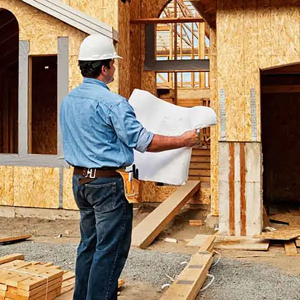 A construction worker standing in front of a house holding blueprints.