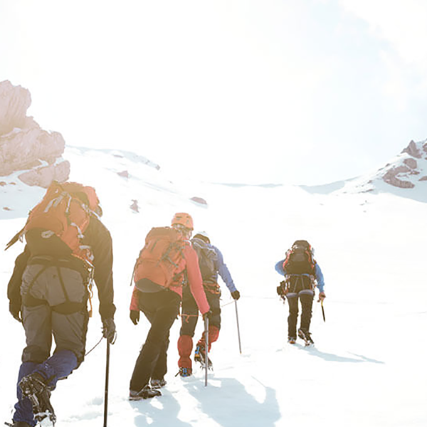 A group of snowshoers climbing a mountain.