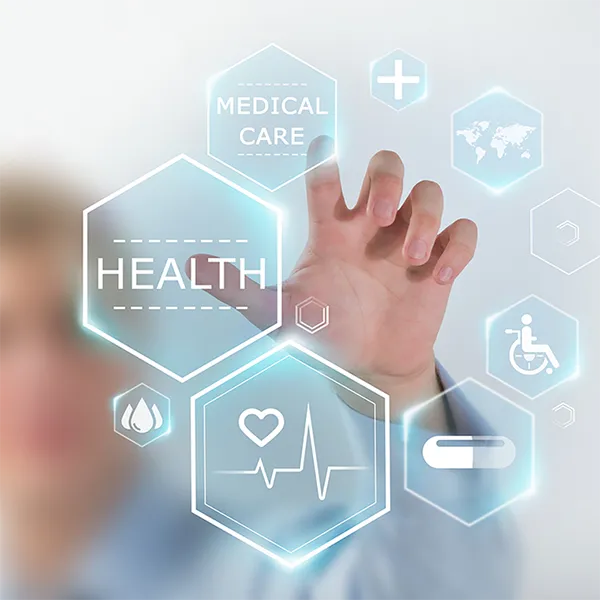 A hand selects from different health care related icons.