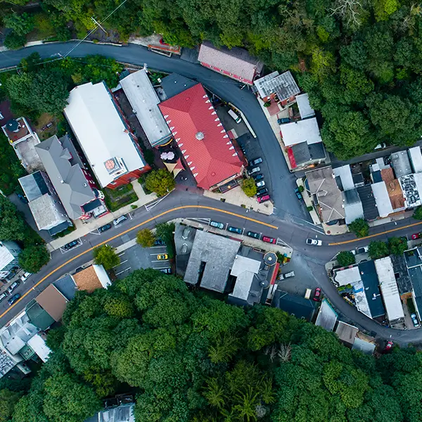 An overhead view of a small town street.