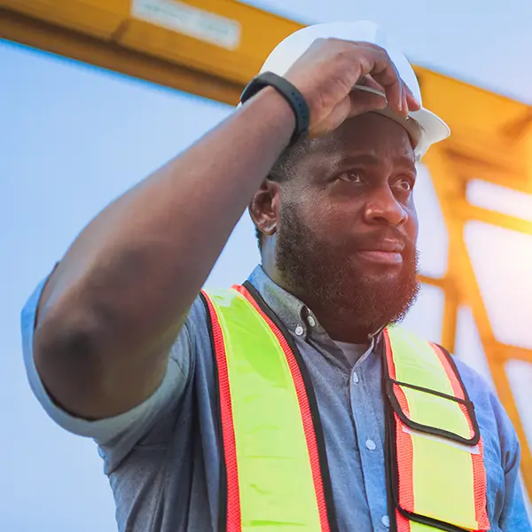 A construction worker adjusting his hard hat.