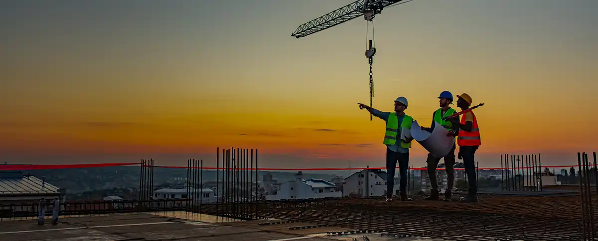 Three contractors in safety vests and hard hats on the top of a job site.