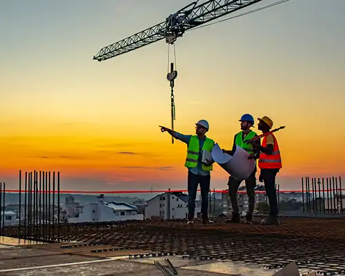 Three contractors in safety vests and hard hats on the top of a job site.