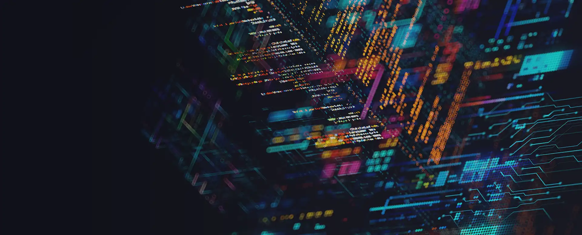 A dark background with colored text and shapes overlayed at angles.