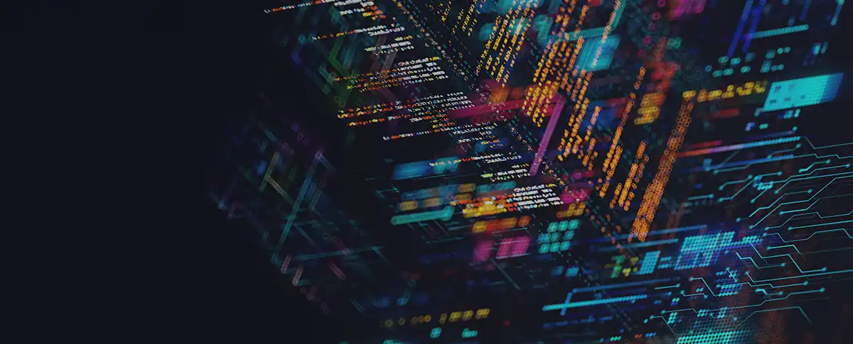 A dark background with colored text and shapes overlayed at angles.