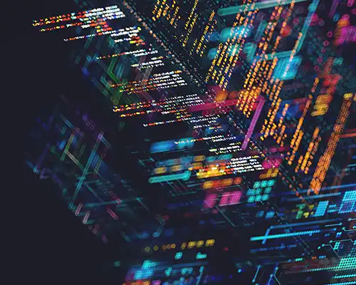 A dark background with colored text and shapes overlayed at angles.