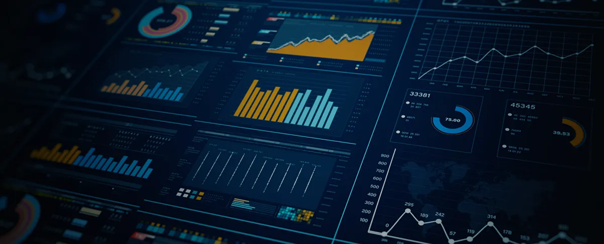 Charts and graphs of different shapes and sizes across a dark background.