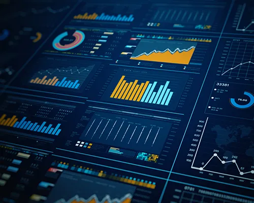 Charts and graphs of different shapes and sizes across a dark background.