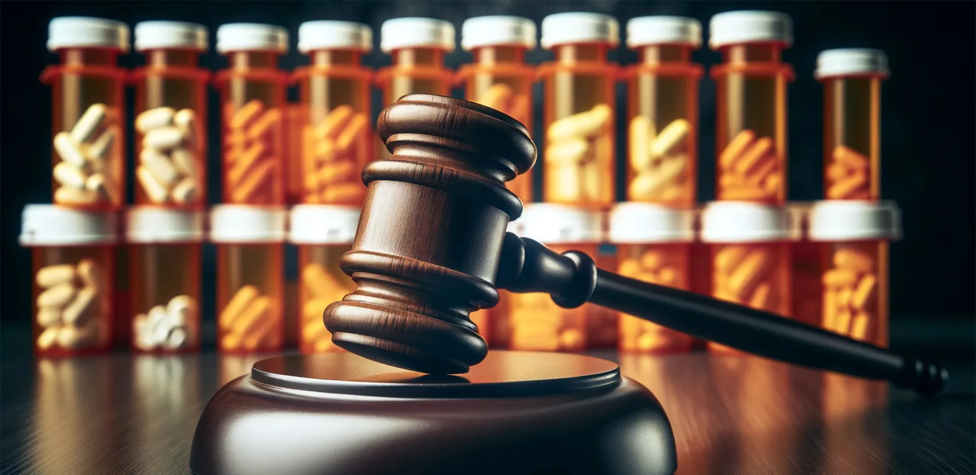 A gavel and sounding block with stacks of pill bottles in the background.