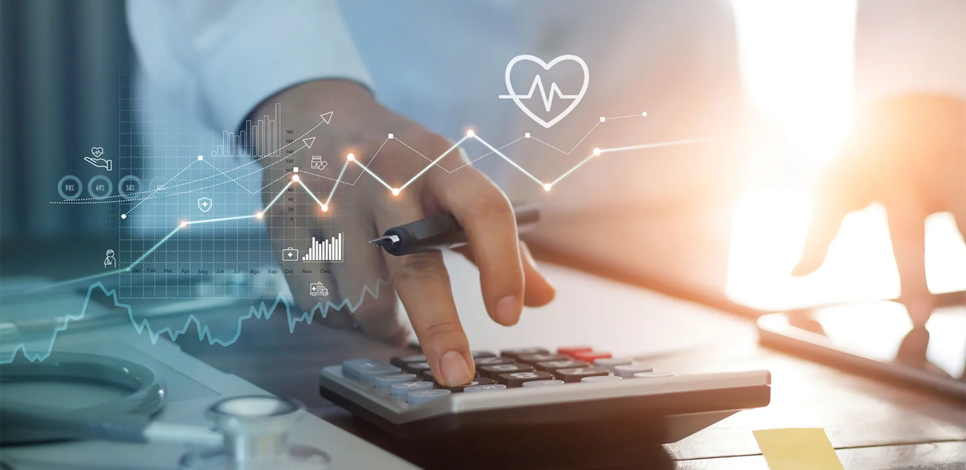 A person using a calculator with artistic renderings of line graphs.