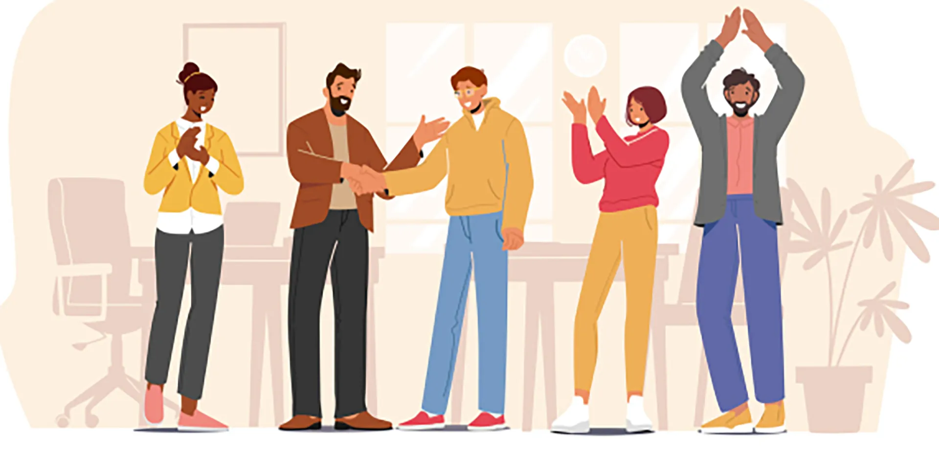 Renderings of a group of professionals shaking hands and celebrating.