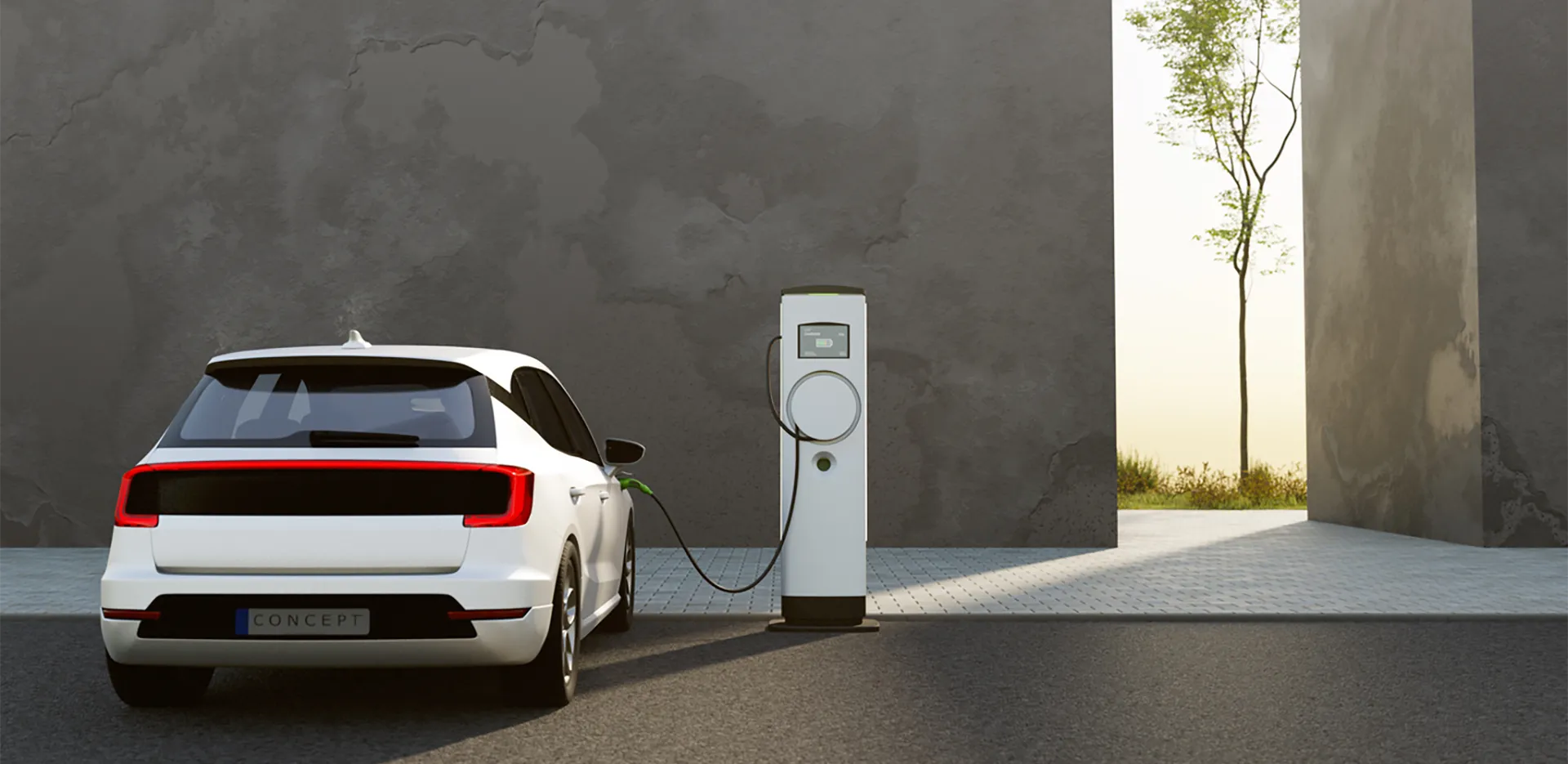 Art of an electric vehicle plugged into a charging station.