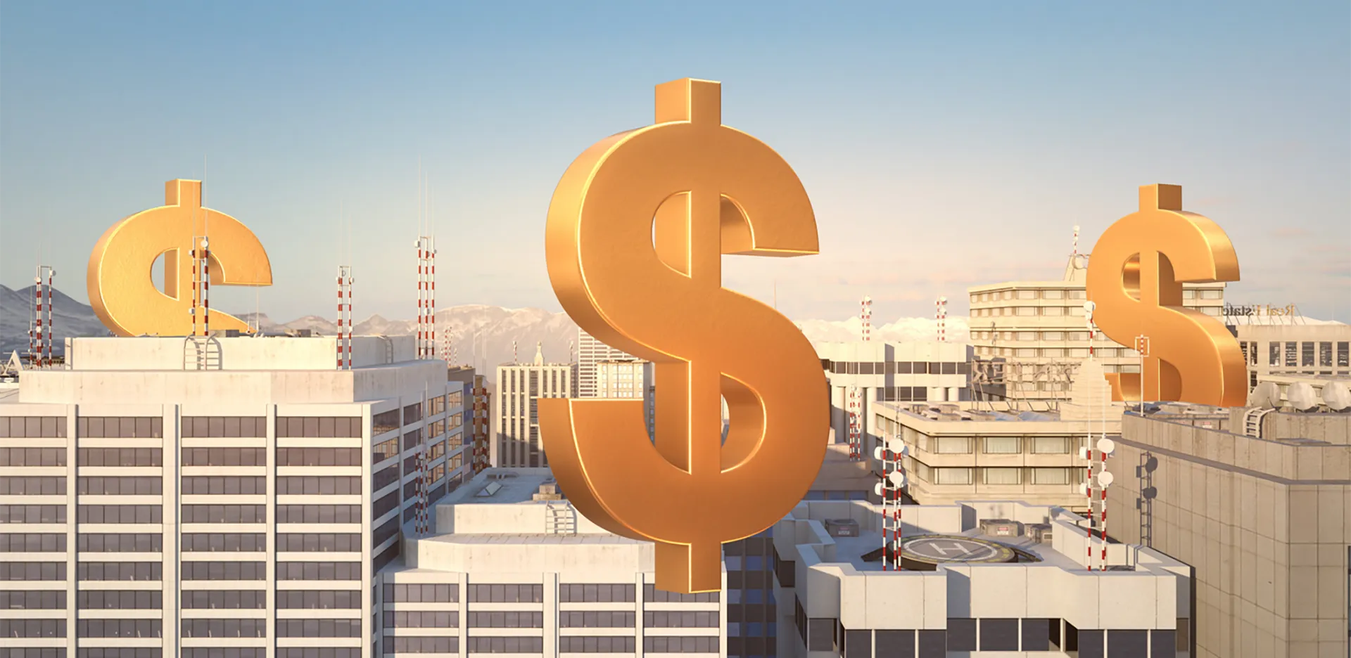 The rooftops of a cityscape with renderings of large golden dollar signs between the buildings.