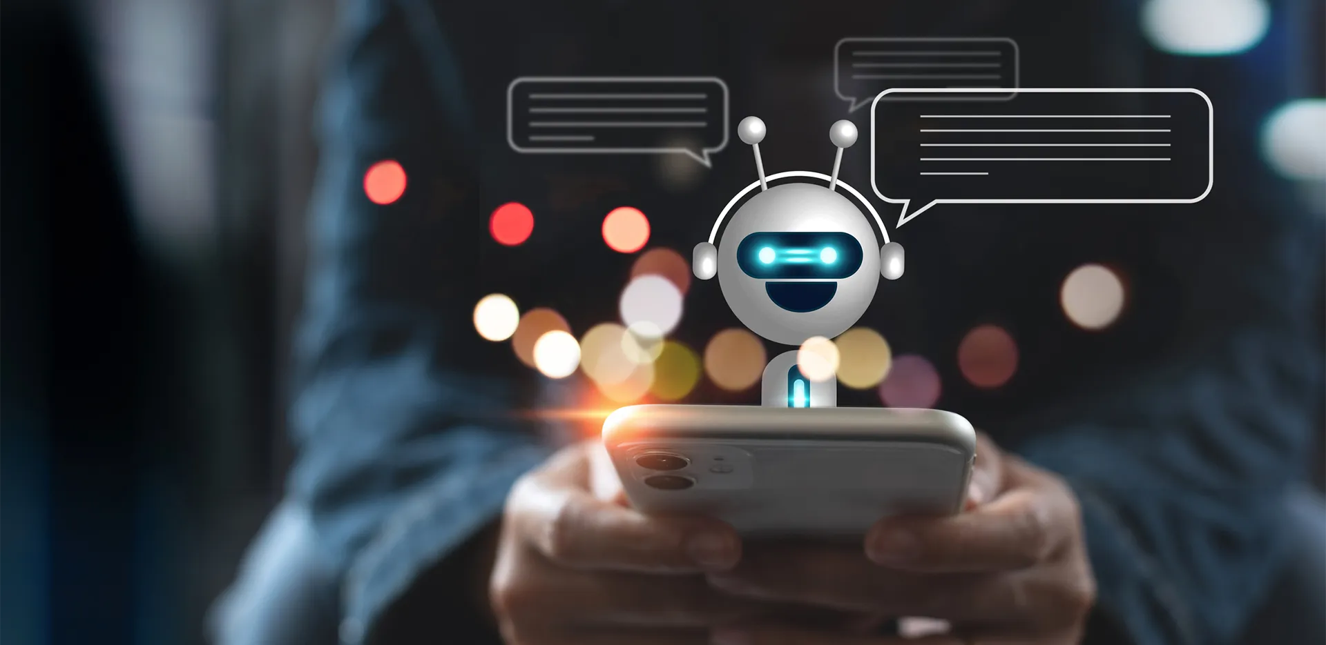 Someone holding a smartphone. The smartphone has a rendering of a robot in it.