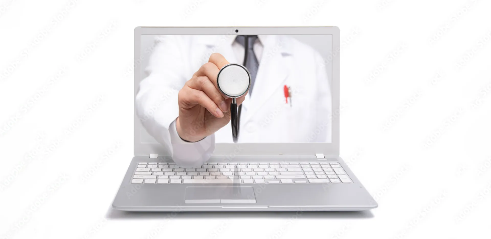A doctor's hand and arm emerge from a laptop screen, holding a stethoscope.