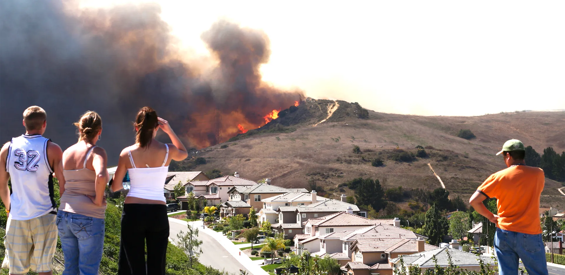 A group of people watching a wildfire in the hills behind a suburban neighborhood.