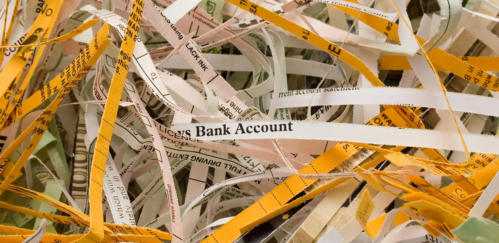 Shreds of paper, one of which reads 'bank account.'