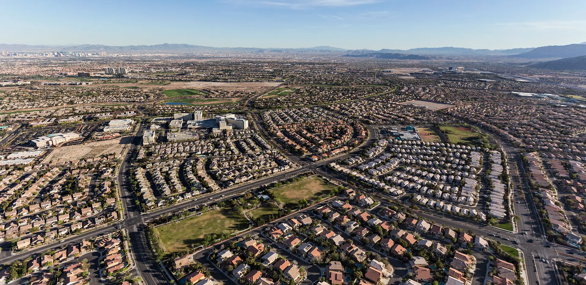 An overhead view of a suburban neighborhood in Nevada.