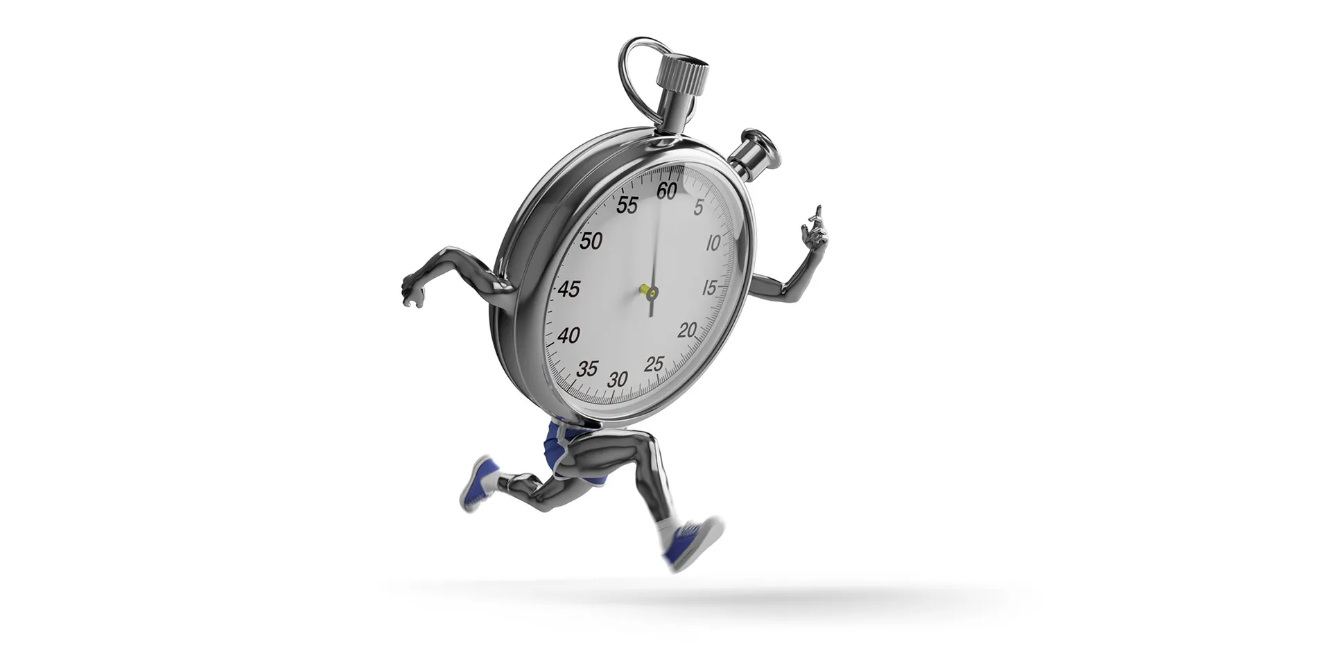 A stop watch with arms and legs sprinting.