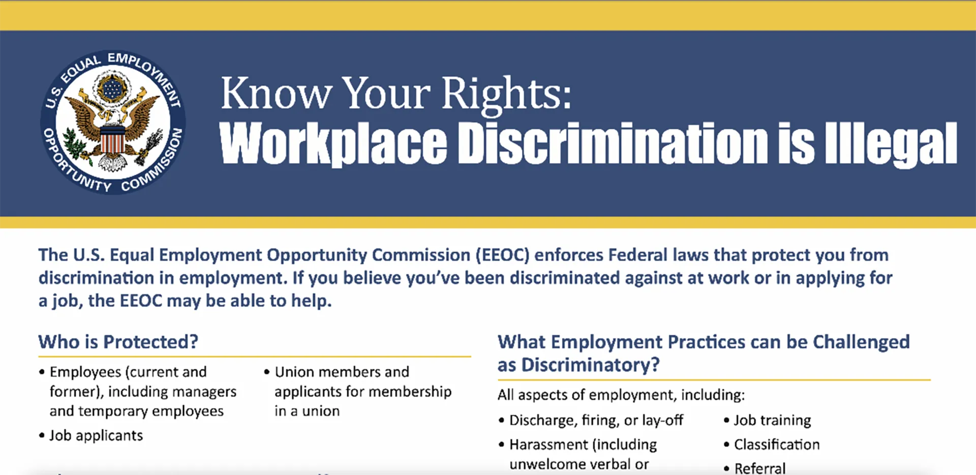 A screenshot of the U.S. Equal Employment Opportunity Commission website with the title 'Know Your Rights: Workplace Discrimination is Illegal.'
