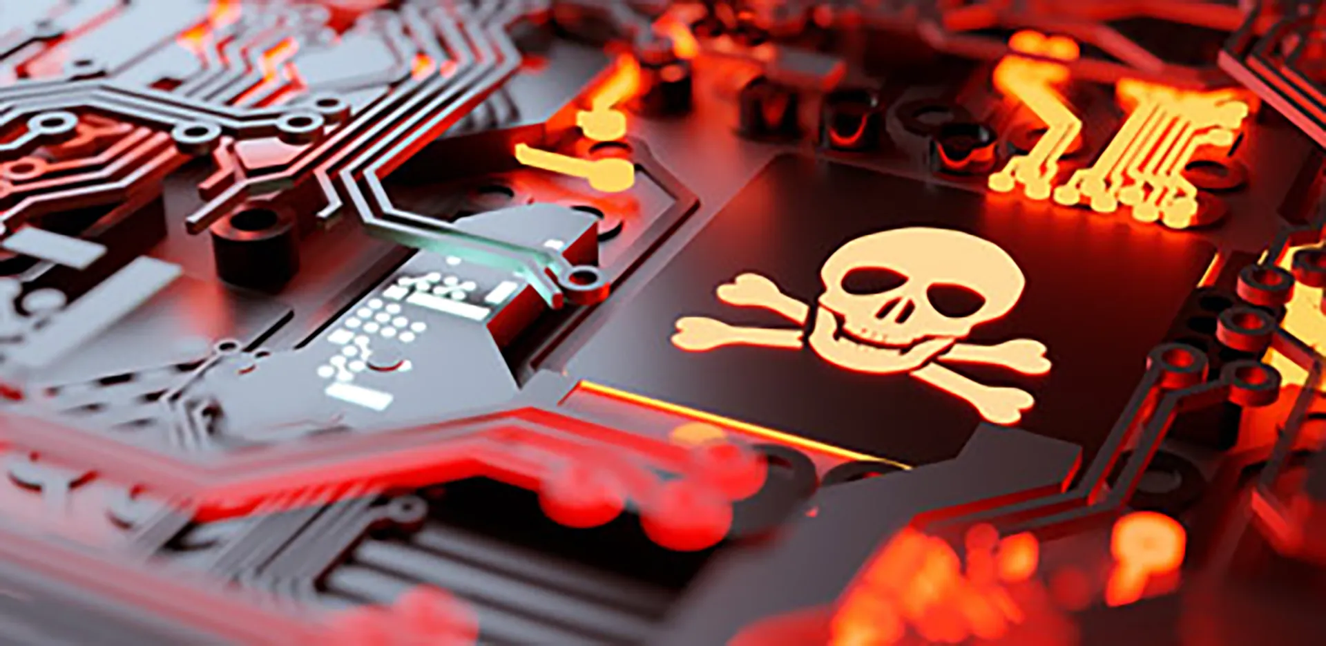 A circuit board lit with red light. In the center is a skull and crossbones.