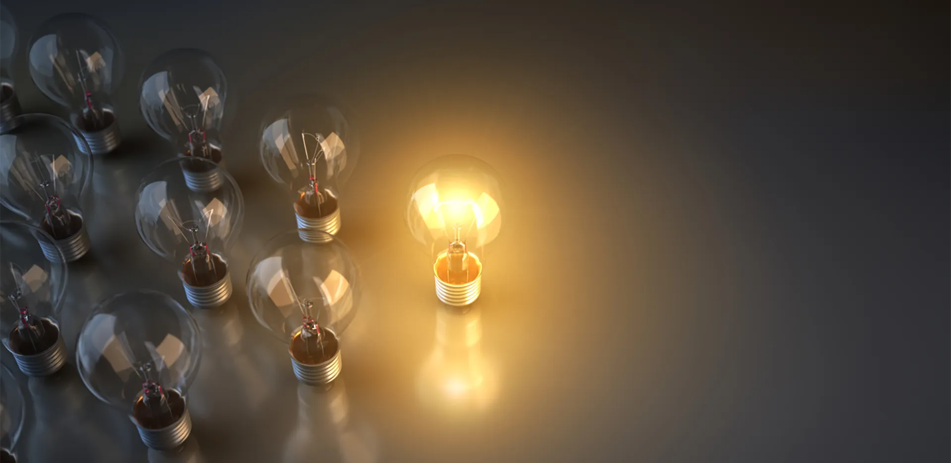 A group of lightbulbs. One is illuminated.