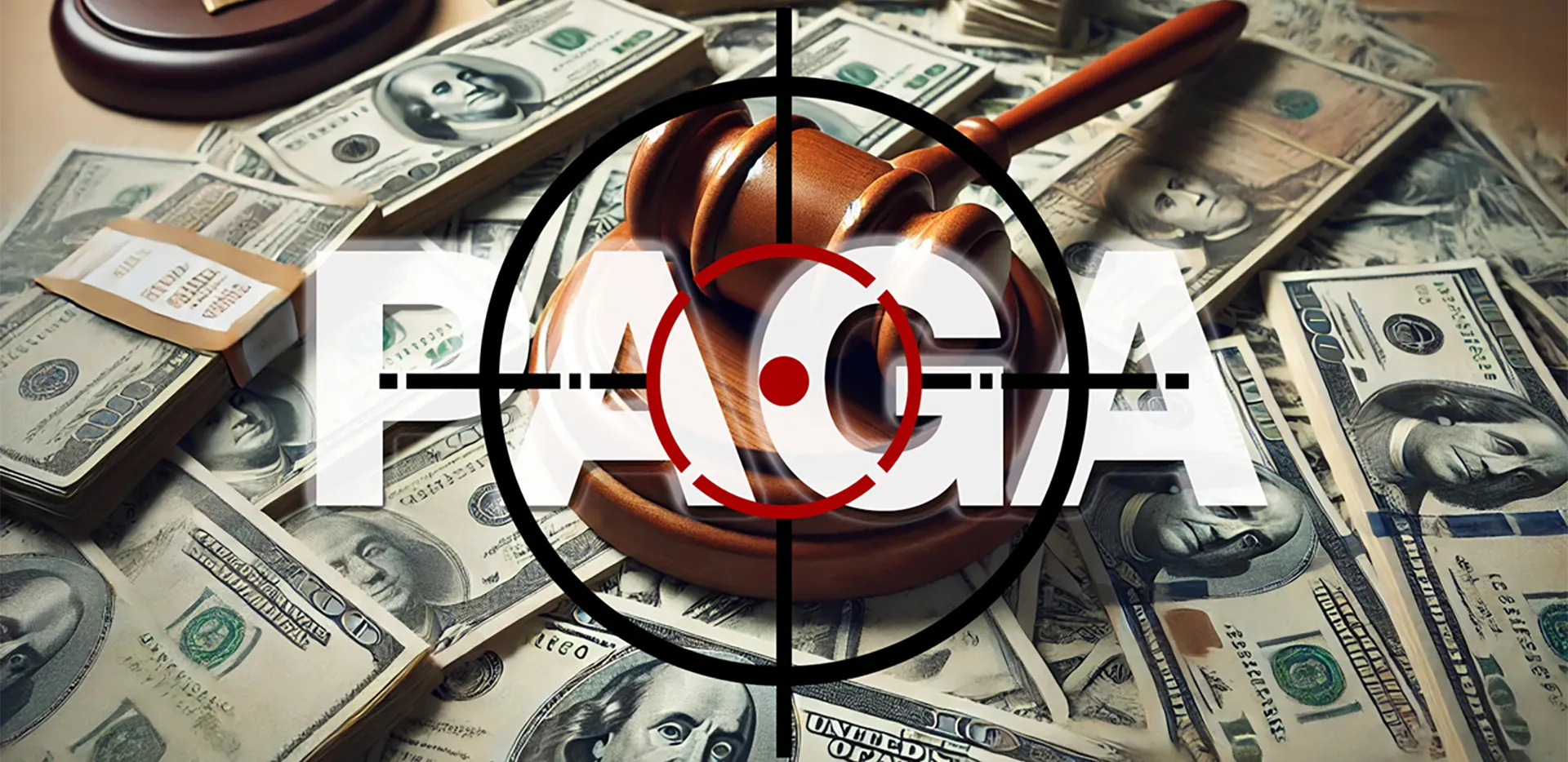 The letters 'PAGA' in front of a gavel and sounding block on top of $100 bills.