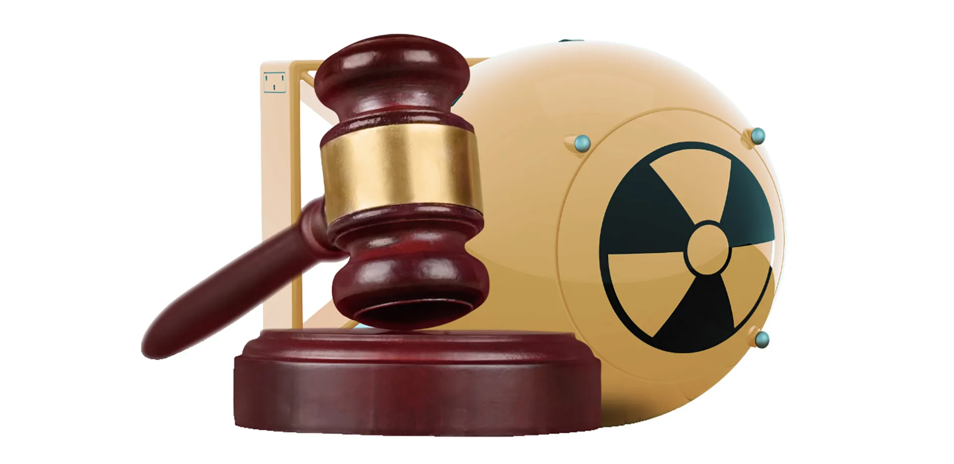 A gavel and sounding block in front of a nuclear warhead.