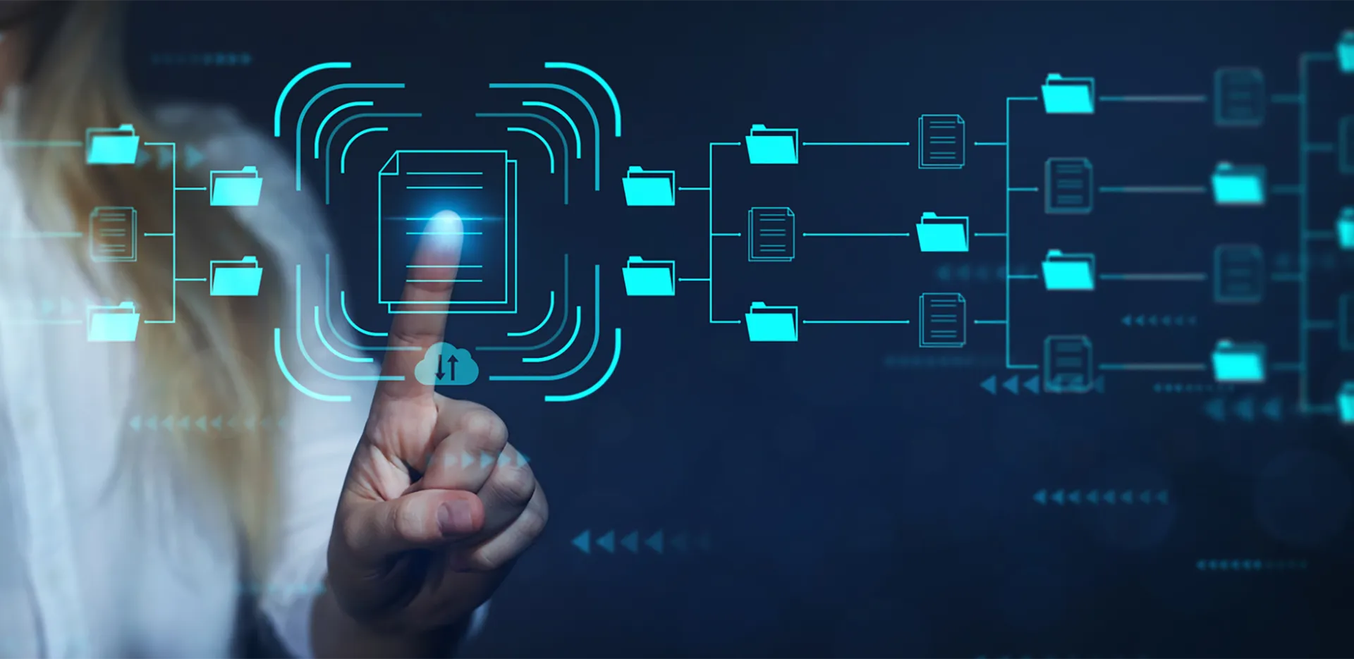 Concept of paperwork and filing with a hand selecting an icon for a folder.