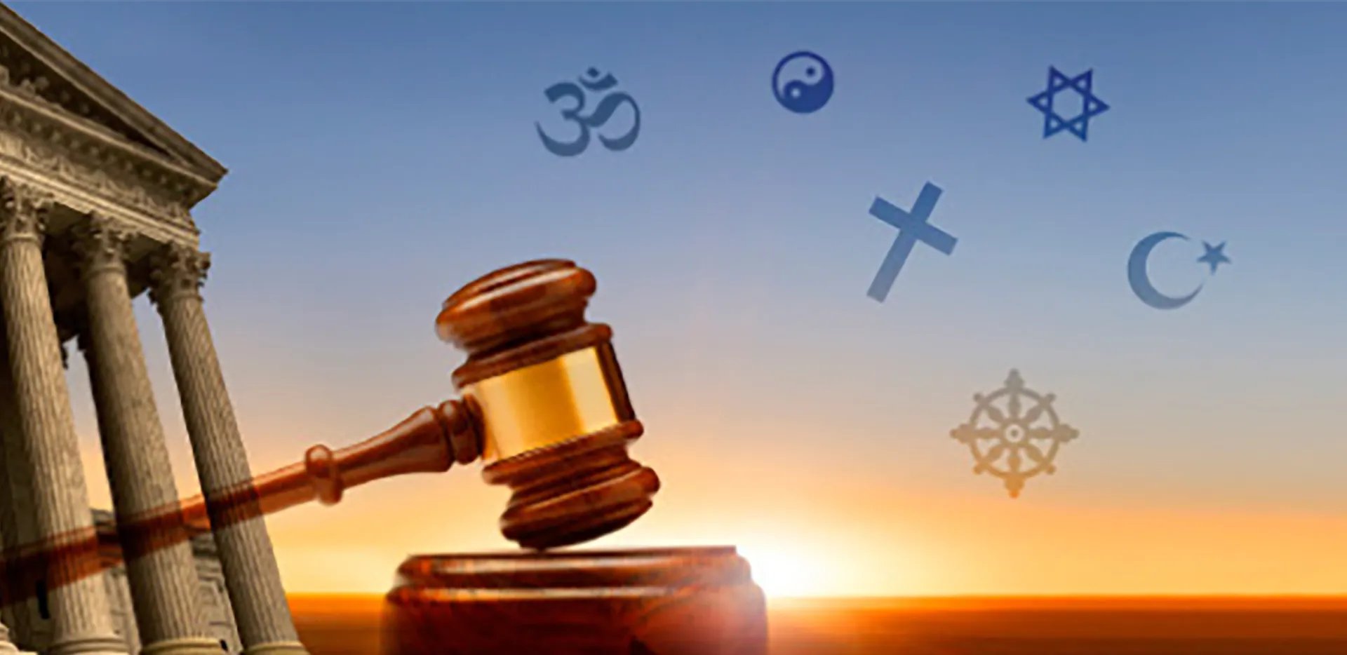 A gavel, sounding block, and courthouse with icons representing different religions in the background.
