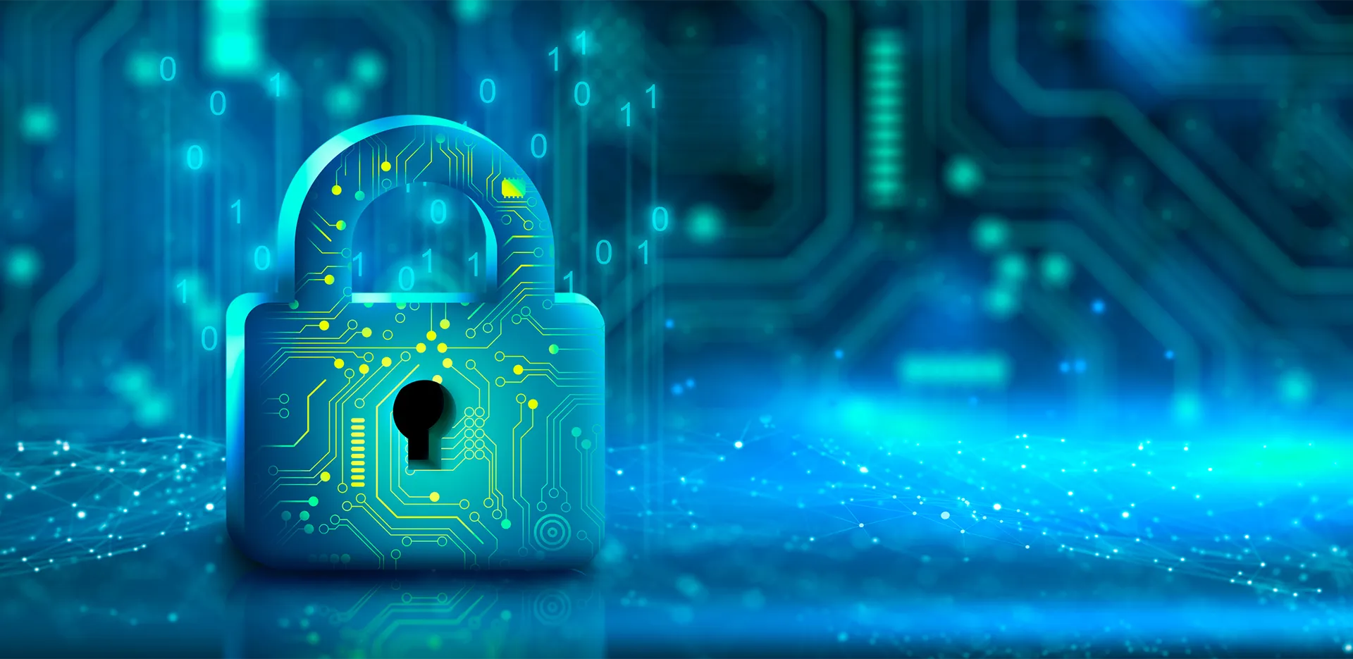 Security concept featuring a blue padlock with yellow circuitry.