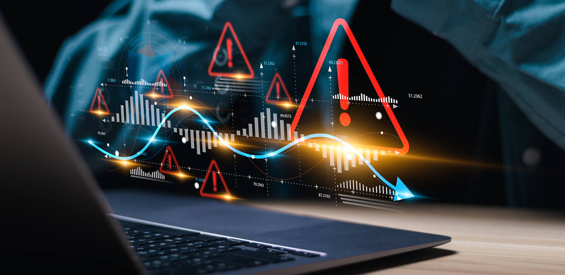 Concept of a report with multiple red exclamation points hovering above a laptop computer.