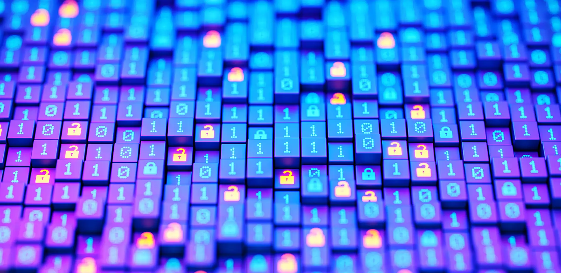 Data concept featuring 1s, 0s, and padlocks.