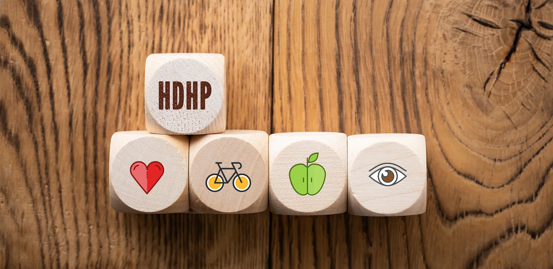 Wooden block with health symbols on them, and the letters 'HDHP.'