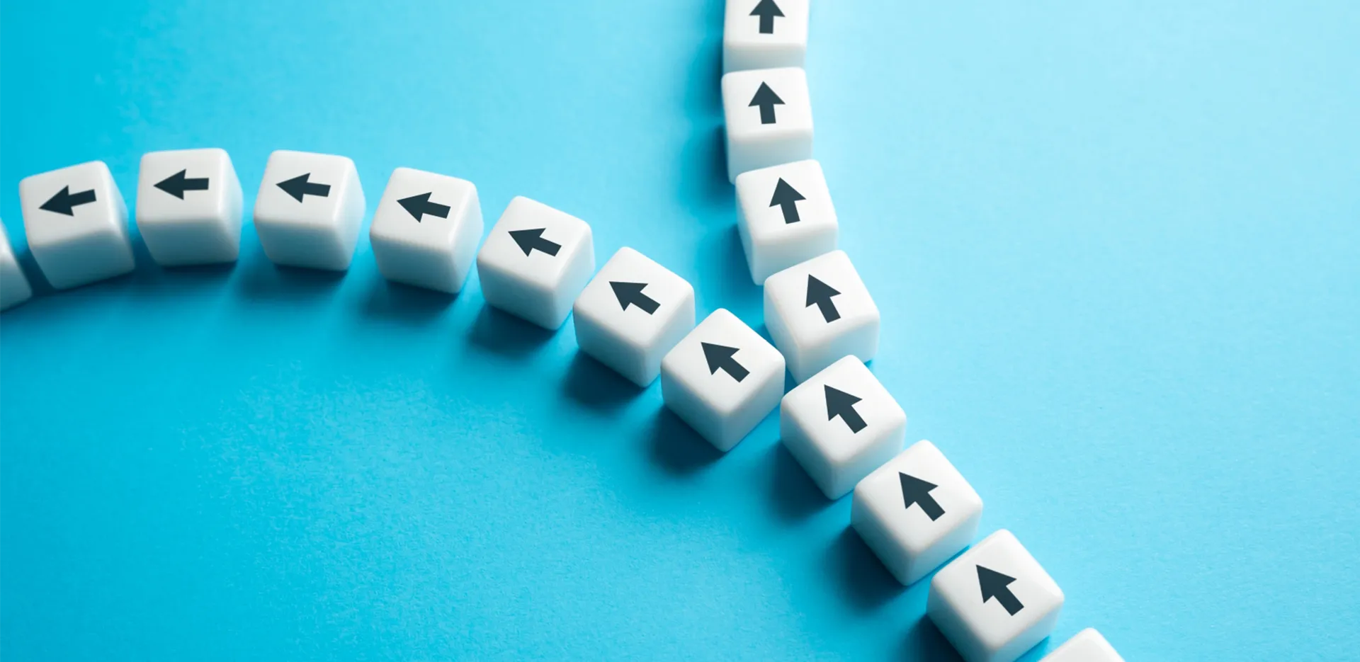 A line of white cubes with black arrows printed on them splitting into two branches.