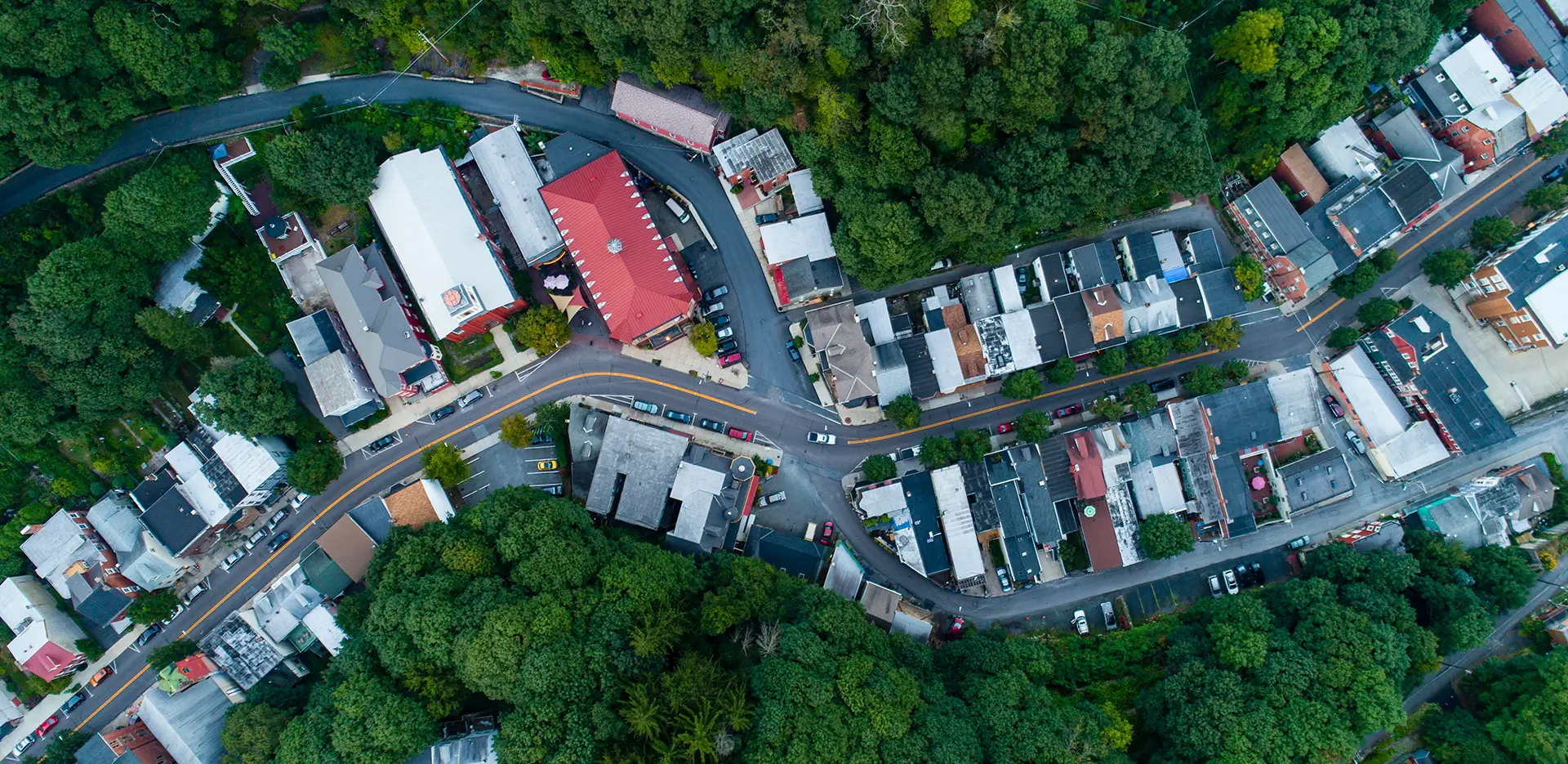 An overhead view of a small town street.