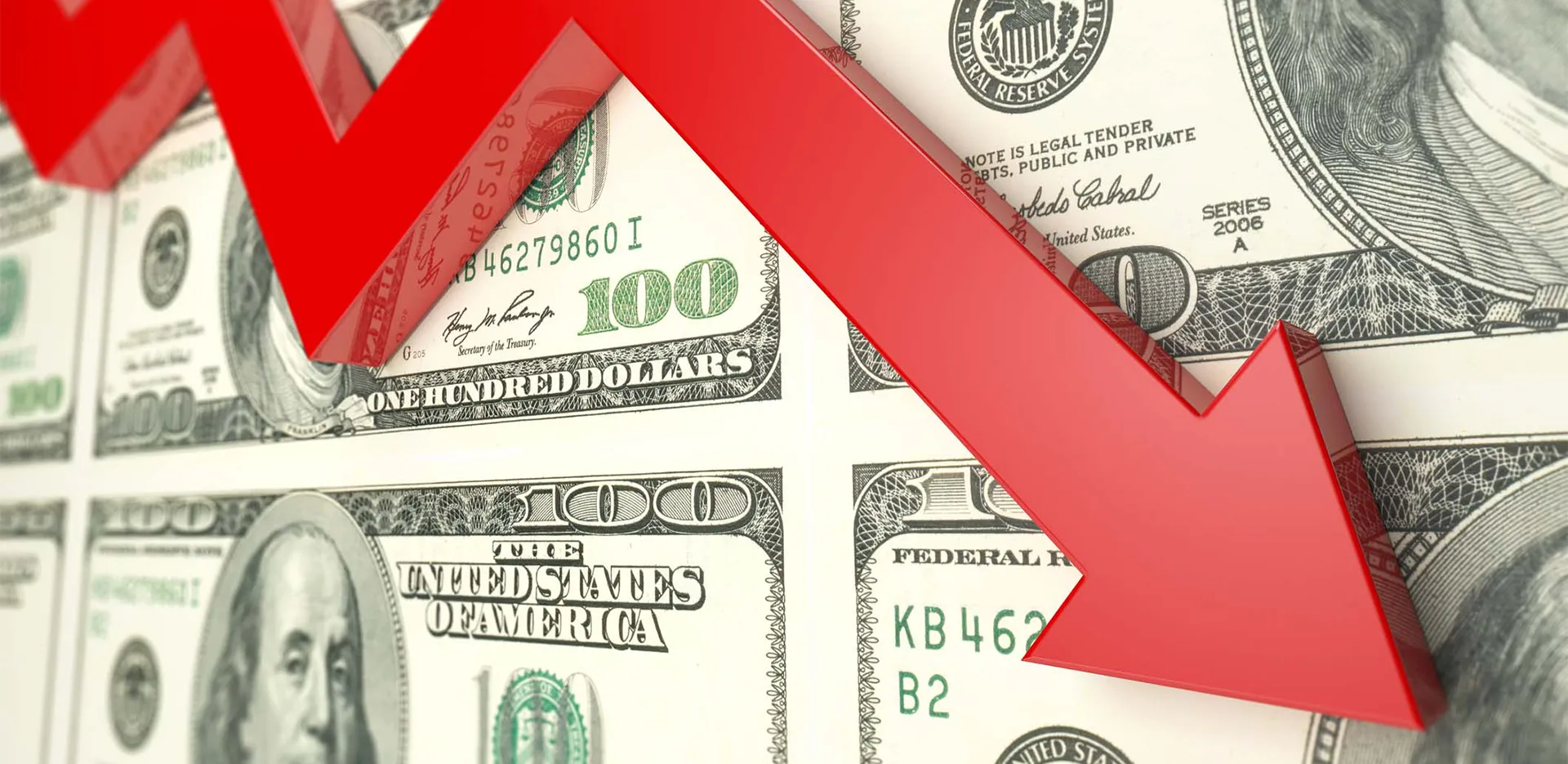 A red line pointing down in front of a series of $100 bills.