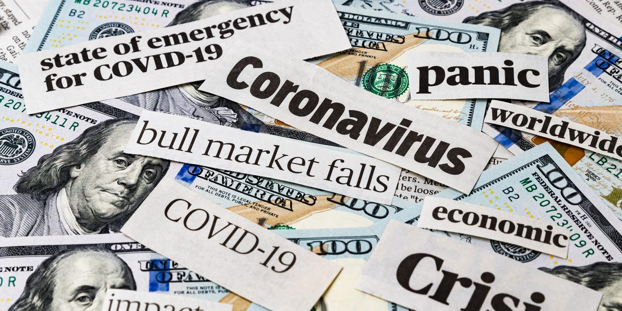 Coronavirus, covid-19 news headlines on United States of America 100 dollar bills. Concept of financial impact, stock market decline and crash due to worldwide pandemic