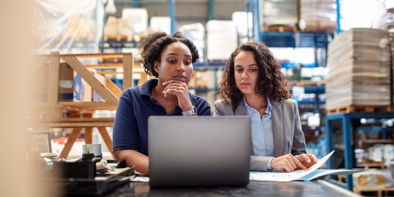 Female worker with supervisor working on laptop