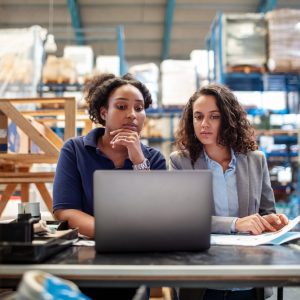 Female worker with supervisor working on laptop