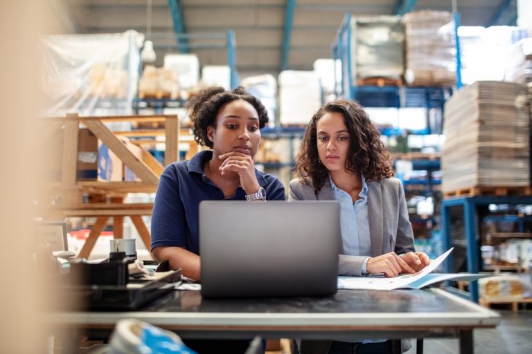 Female worker with supervisor working on laptop