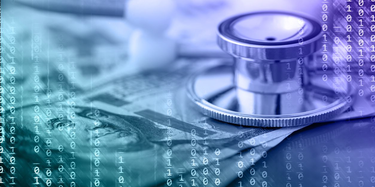 Abstract technology background with binary code, US dollars and a stethoscope. Can be used as a concept of internet paid medicine, digital financial security, etc.